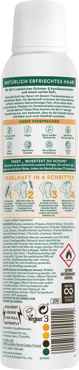 Batiste Natuurlijk Groene Thee & Kamille Droogshampoo 200 ml