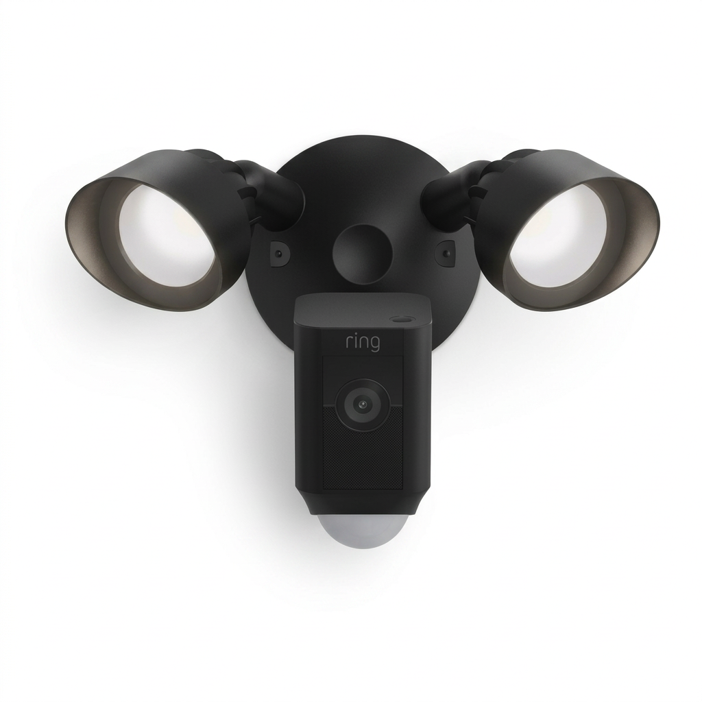 Ring Floodlight Cam Wired Plus zwart met twee schijnwerpers op witte achtergrond