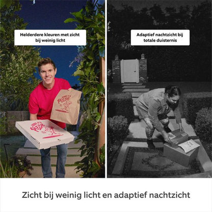Vergelijking van kleurenbeeld bij weinig licht en adaptief nachtzicht van Ring